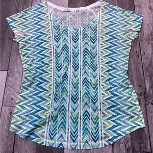 Prana Womens Green Geometric Lines Short Sleeve Lightweight T-Shirt Top Small